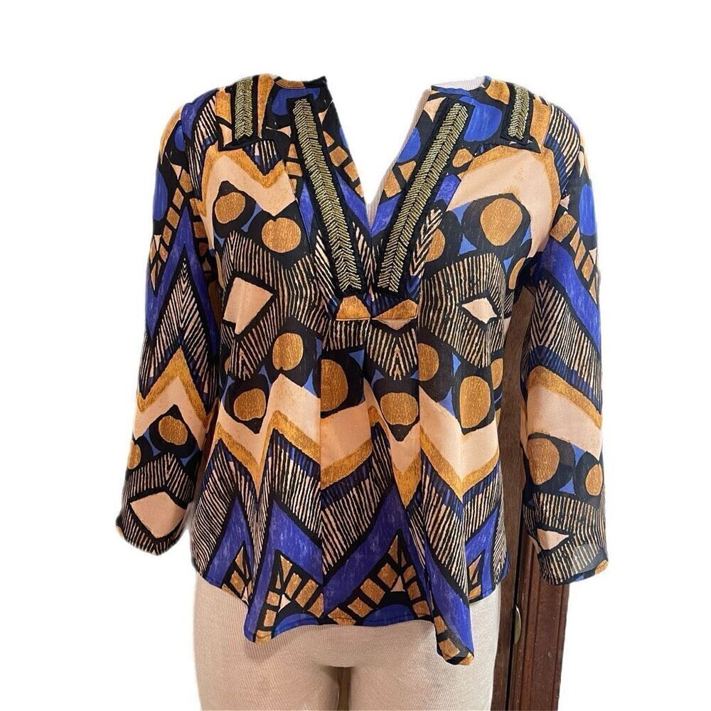 Collective Concepts Beaded Flowy Top Blouse Womens Small Blue Purple Tan Gold